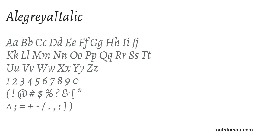 Шрифт AlegreyaItalic – алфавит, цифры, специальные символы