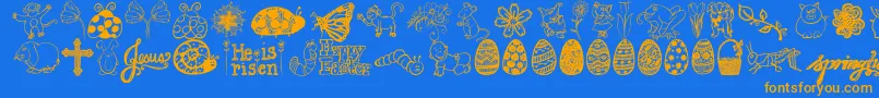 フォントJandaspringdoodles – オレンジ色の文字が青い背景にあります。