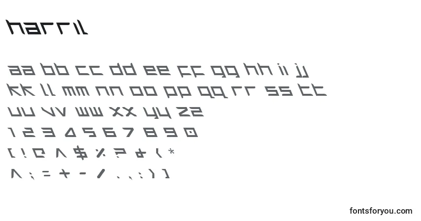 A fonte Harril – alfabeto, números, caracteres especiais