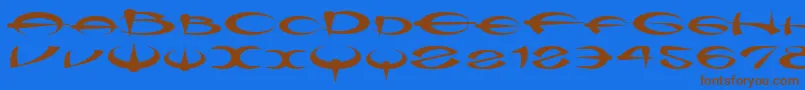 フォントMyquerdd – 茶色の文字が青い背景にあります。