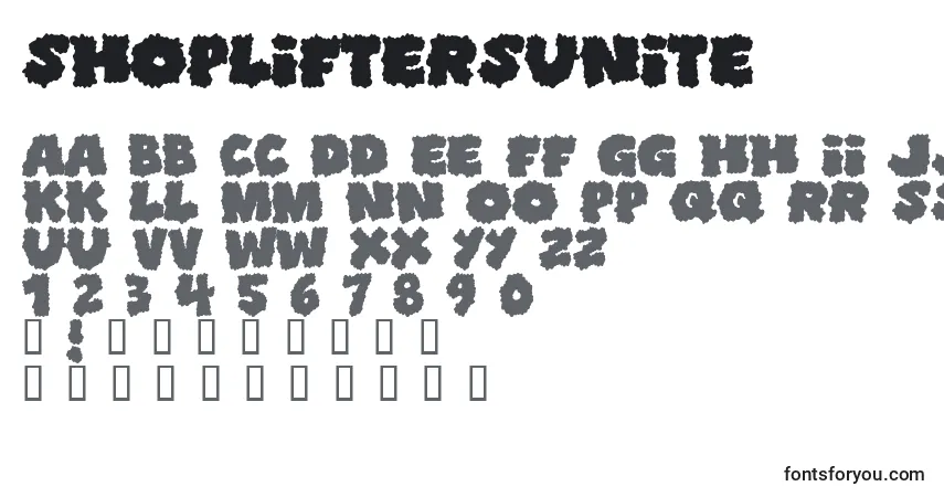 Czcionka Shopliftersunite – alfabet, cyfry, specjalne znaki
