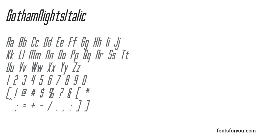A fonte GothamNightsItalic – alfabeto, números, caracteres especiais