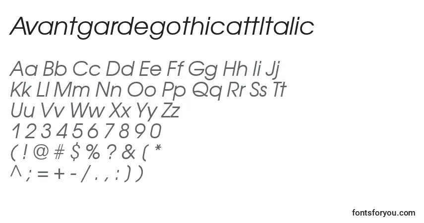 Schriftart AvantgardegothicattItalic – Alphabet, Zahlen, spezielle Symbole