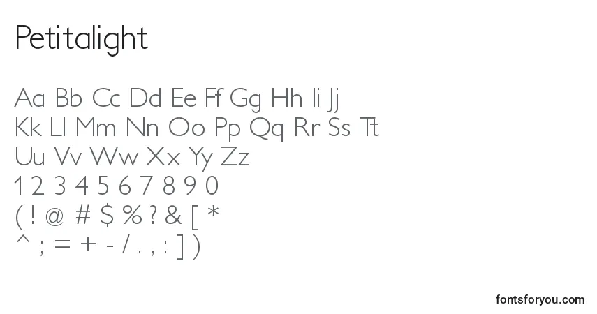 A fonte Petitalight – alfabeto, números, caracteres especiais