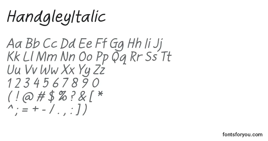 A fonte HandgleyItalic – alfabeto, números, caracteres especiais