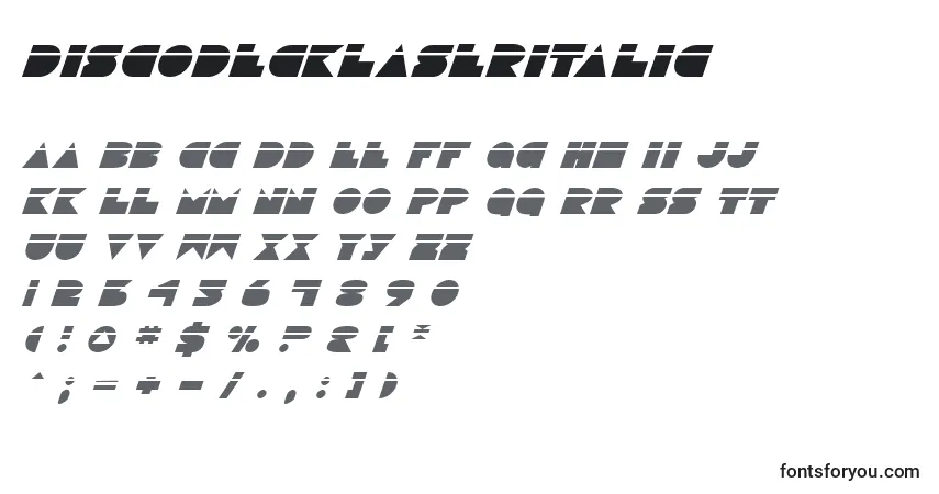 A fonte DiscoDeckLaserItalic – alfabeto, números, caracteres especiais