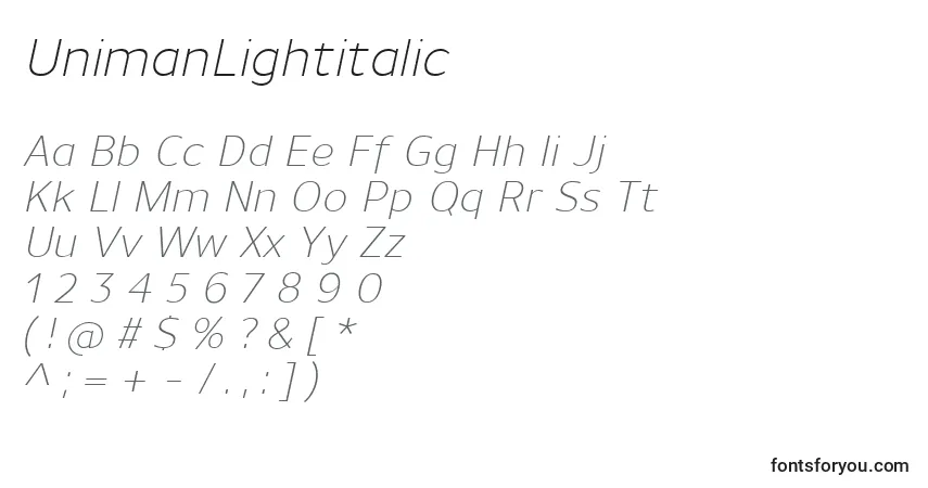 Шрифт UnimanLightitalic – алфавит, цифры, специальные символы