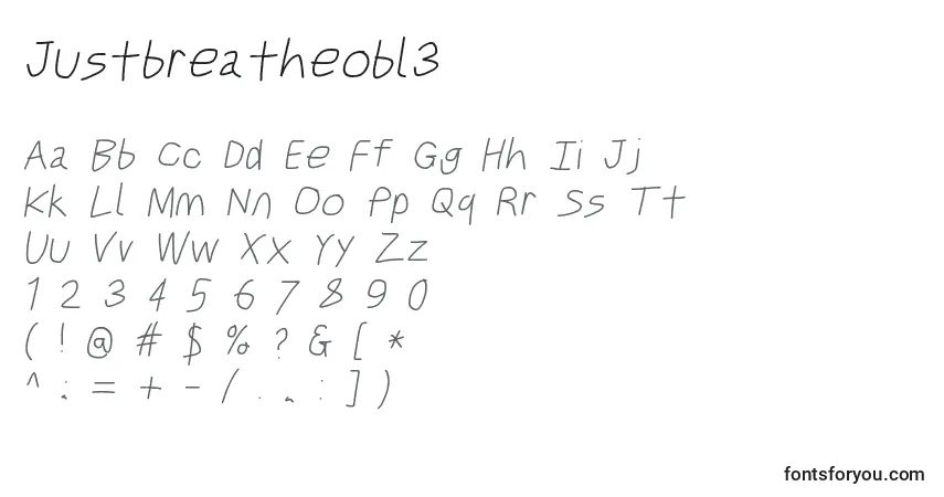 Czcionka Justbreatheobl3 – alfabet, cyfry, specjalne znaki
