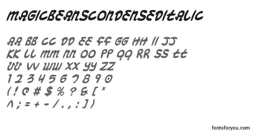 A fonte MagicBeansCondensedItalic – alfabeto, números, caracteres especiais
