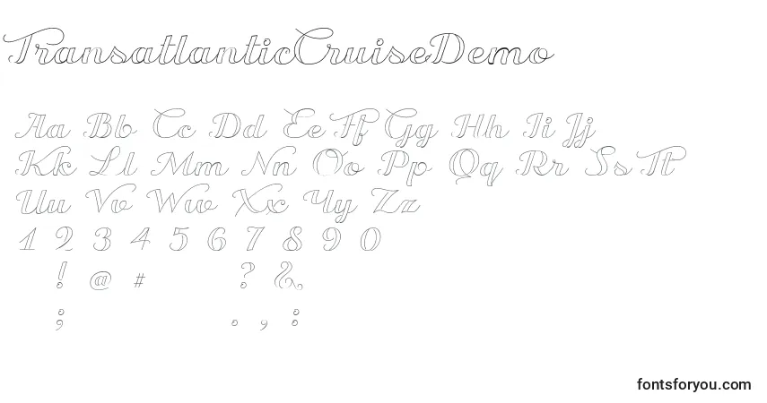 Czcionka TransatlanticCruiseDemo – alfabet, cyfry, specjalne znaki