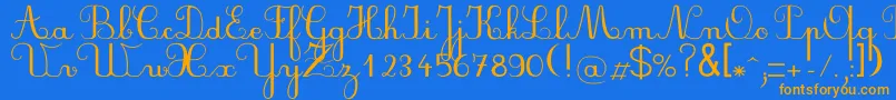 フォントPlumndl – オレンジ色の文字が青い背景にあります。