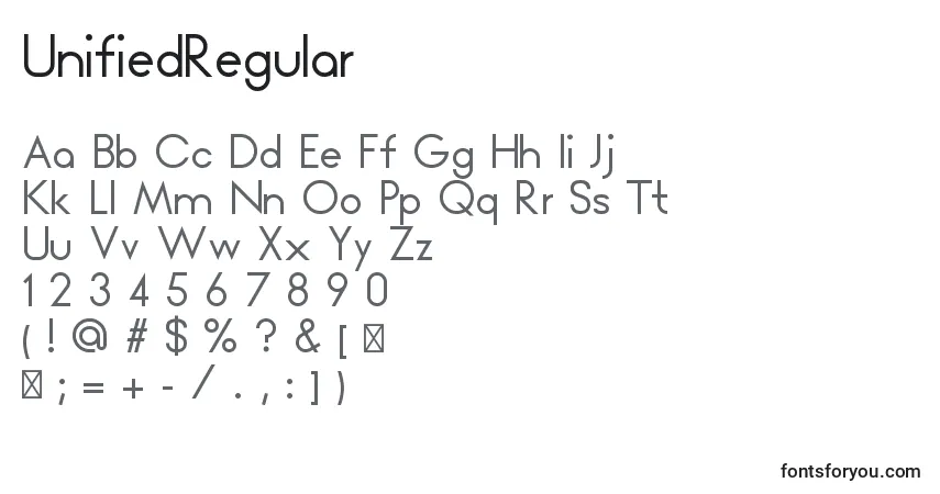 Schriftart UnifiedRegular – Alphabet, Zahlen, spezielle Symbole