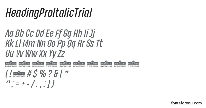 Шрифт HeadingProItalicTrial – алфавит, цифры, специальные символы