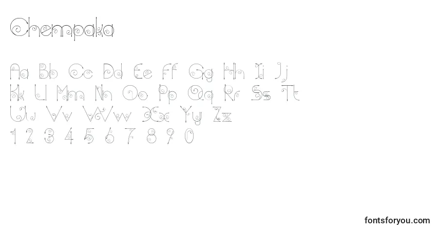 Czcionka Chempaka – alfabet, cyfry, specjalne znaki