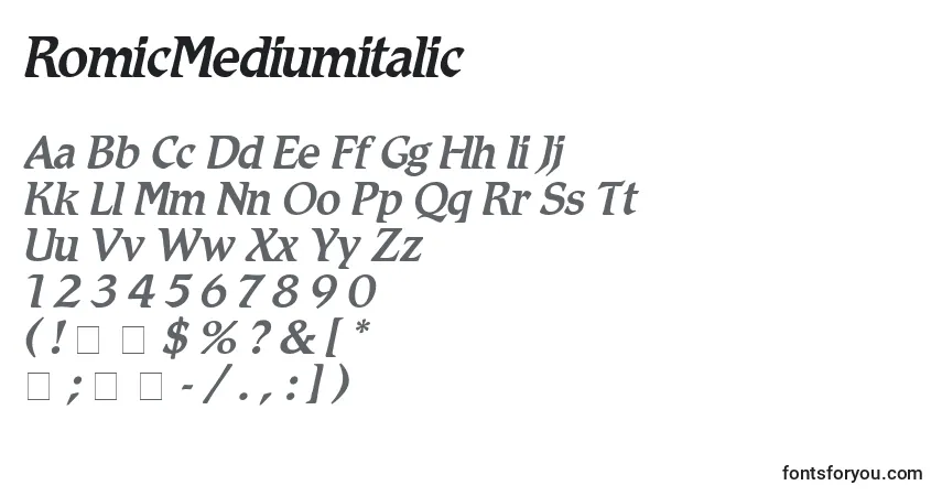 Czcionka RomicMediumitalic – alfabet, cyfry, specjalne znaki