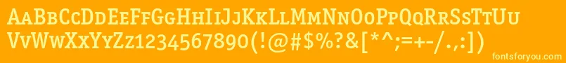 Officinaserifmediumscc-Schriftart – Gelbe Schriften auf orangefarbenem Hintergrund
