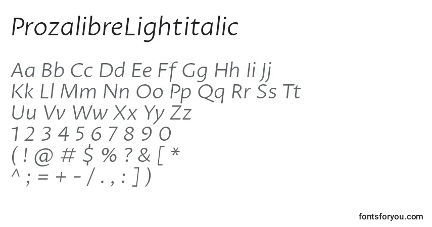 Police ProzalibreLightitalic - Alphabet, Chiffres, Caractères Spéciaux
