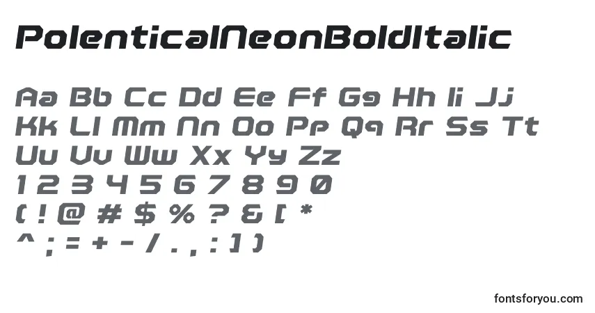 Czcionka PolenticalNeonBoldItalic – alfabet, cyfry, specjalne znaki