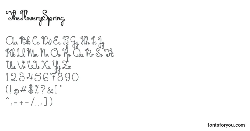 A fonte TheFlowerySpring (102897) – alfabeto, números, caracteres especiais