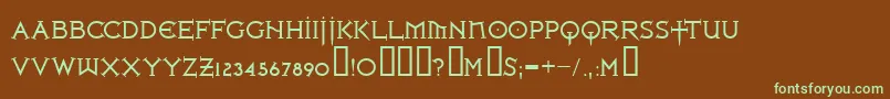 フォントIronlrg ffy – 緑色の文字が茶色の背景にあります。
