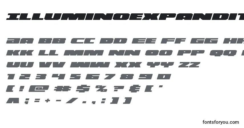 Шрифт Illuminoexpandital – алфавит, цифры, специальные символы