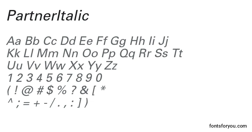 Шрифт PartnerItalic – алфавит, цифры, специальные символы
