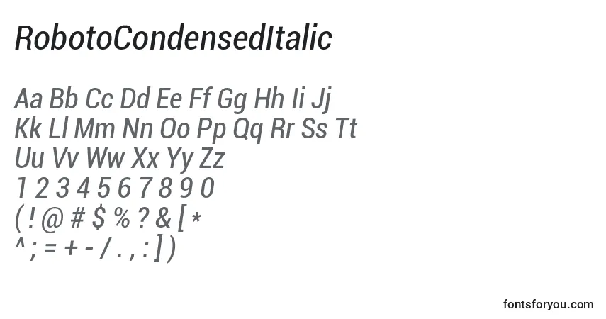 A fonte RobotoCondensedItalic – alfabeto, números, caracteres especiais