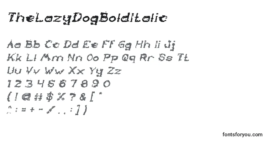 Schriftart TheLazyDogBoldItalic – Alphabet, Zahlen, spezielle Symbole