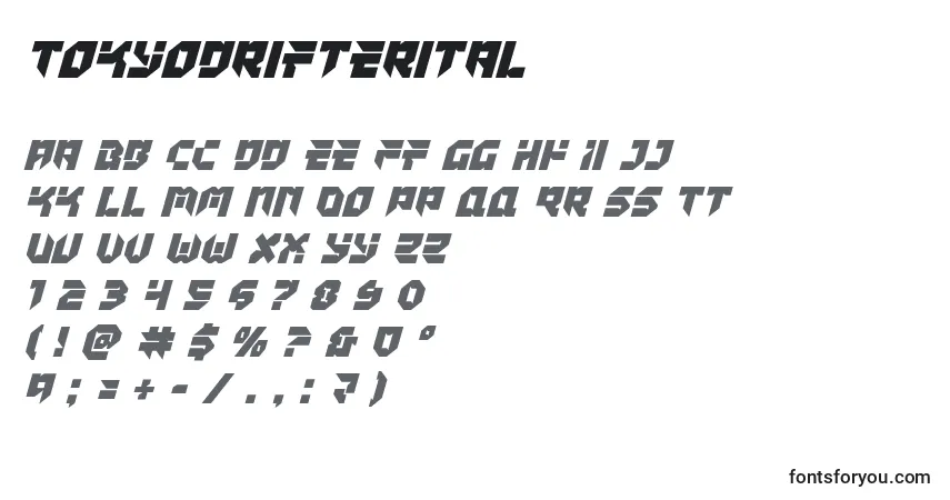 Schriftart Tokyodrifterital – Alphabet, Zahlen, spezielle Symbole