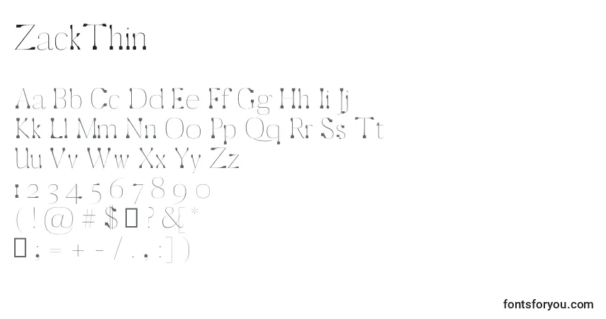 Schriftart ZackThin – Alphabet, Zahlen, spezielle Symbole