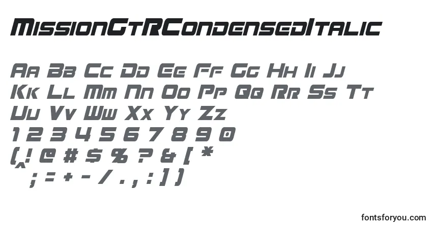 Schriftart MissionGtRCondensedItalic – Alphabet, Zahlen, spezielle Symbole