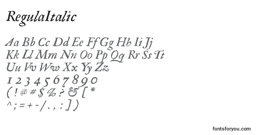 Czcionka RegulaItalic – alfabet, cyfry, specjalne znaki