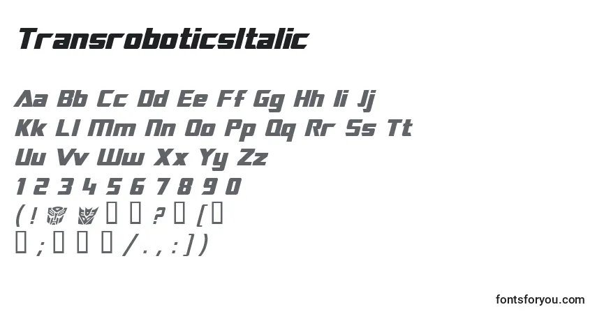 Czcionka TransroboticsItalic – alfabet, cyfry, specjalne znaki