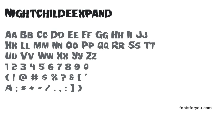 Czcionka Nightchildeexpand – alfabet, cyfry, specjalne znaki