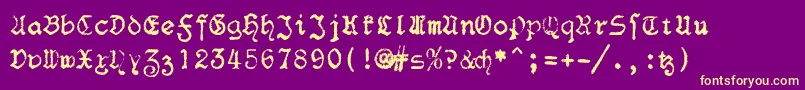 F25Blacklettertypewriter-Schriftart – Gelbe Schriften auf violettem Hintergrund