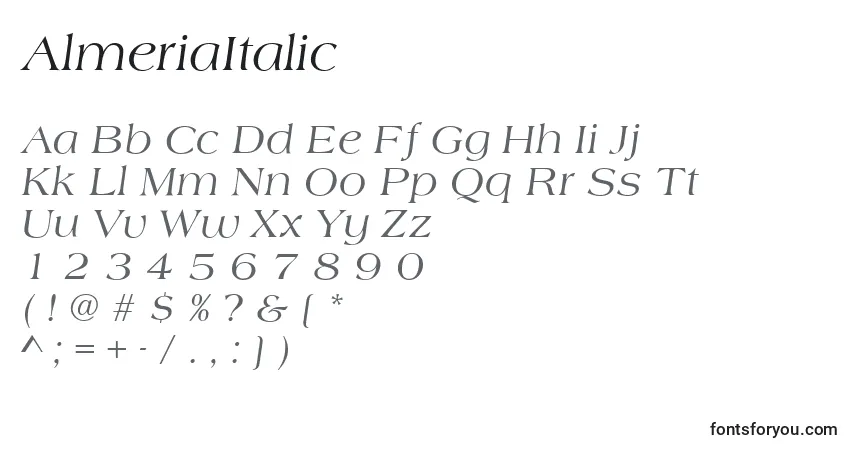 Czcionka AlmeriaItalic – alfabet, cyfry, specjalne znaki