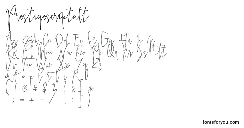 Schriftart Prestigescriptalt (103003) – Alphabet, Zahlen, spezielle Symbole