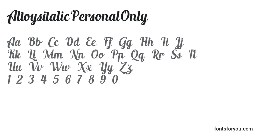 Schriftart AltoysitalicPersonalOnly – Alphabet, Zahlen, spezielle Symbole