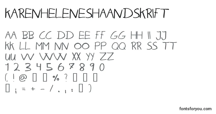 A fonte KarenHelenesHaandskrift – alfabeto, números, caracteres especiais