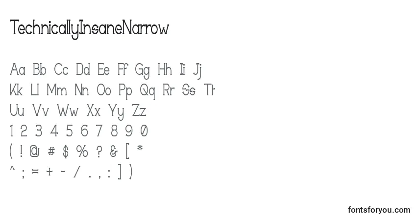 Czcionka TechnicallyInsaneNarrow – alfabet, cyfry, specjalne znaki