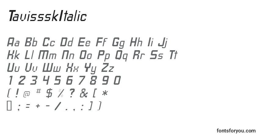 A fonte TavissskItalic – alfabeto, números, caracteres especiais