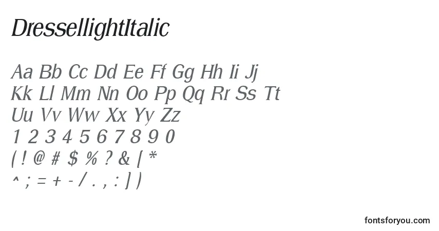 A fonte DressellightItalic – alfabeto, números, caracteres especiais