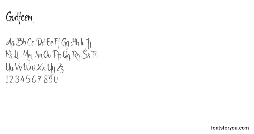 Czcionka Godfeem (103118) – alfabet, cyfry, specjalne znaki