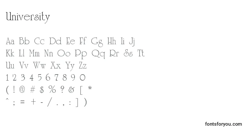 A fonte University (103120) – alfabeto, números, caracteres especiais