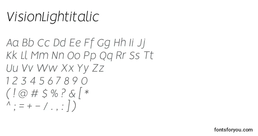 Czcionka VisionLightitalic – alfabet, cyfry, specjalne znaki