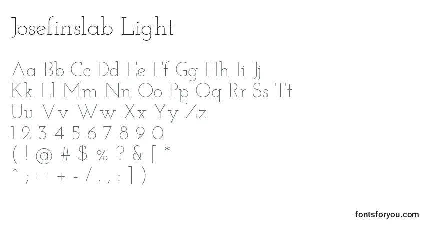 Czcionka Josefinslab Light – alfabet, cyfry, specjalne znaki