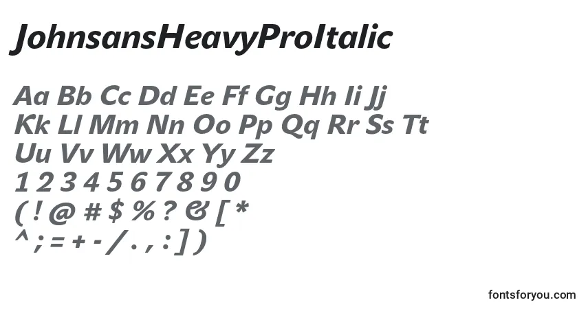 A fonte JohnsansHeavyProItalic – alfabeto, números, caracteres especiais