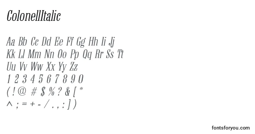 Schriftart ColonellItalic – Alphabet, Zahlen, spezielle Symbole