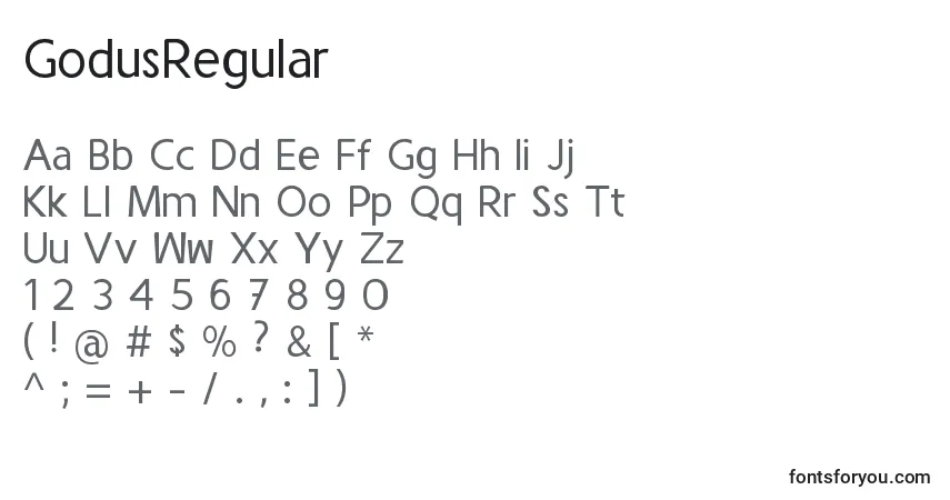 A fonte GodusRegular – alfabeto, números, caracteres especiais