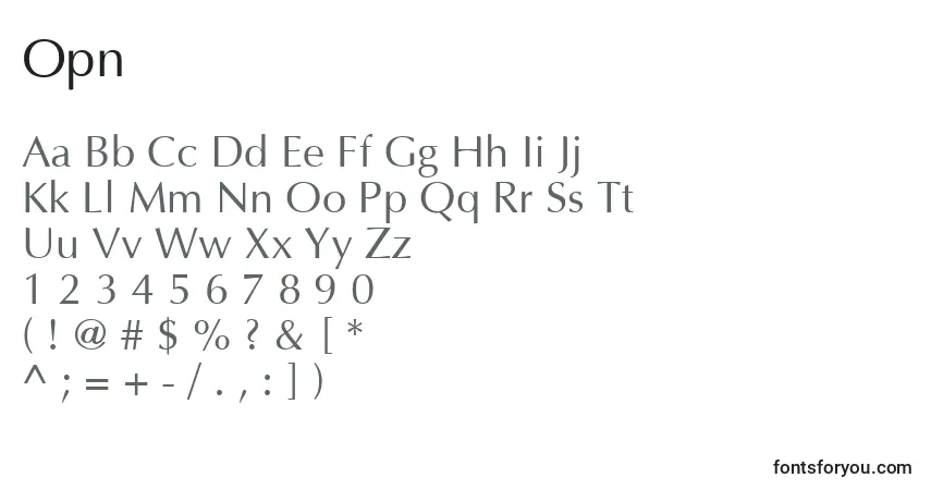 Schriftart Opn – Alphabet, Zahlen, spezielle Symbole